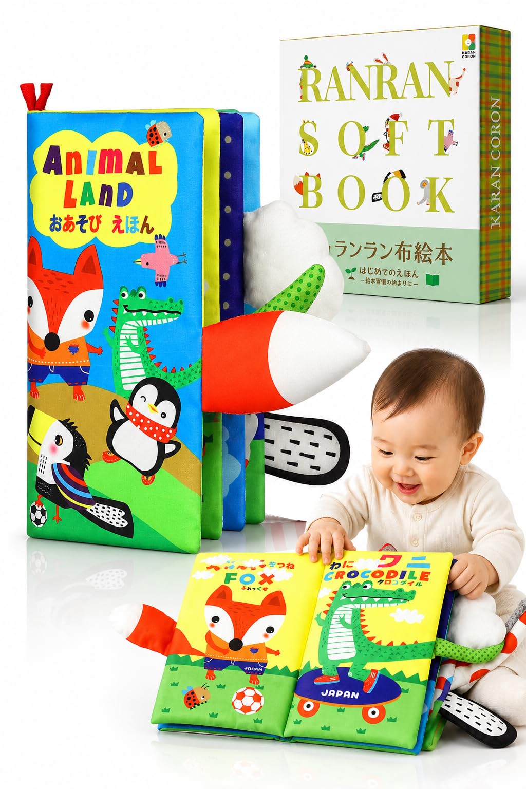 Cloth Book x Play Alone Only: Washable First Picture Book, Baby Toy, 0 Years Old, 1 Year Old, 2 Years Old, Finger Play, Educational Toy, Montessori, Sound Making, Five Sensory Stimulation, English | カシャカシャ 指遊び, ベビーカーおもちゃ, 知育玩具 モンテッソーリ, 音が出る 五感刺激 英語・ひらがな学習 おでかけ ベビー幼児 PSC認証 食品衛生法適合