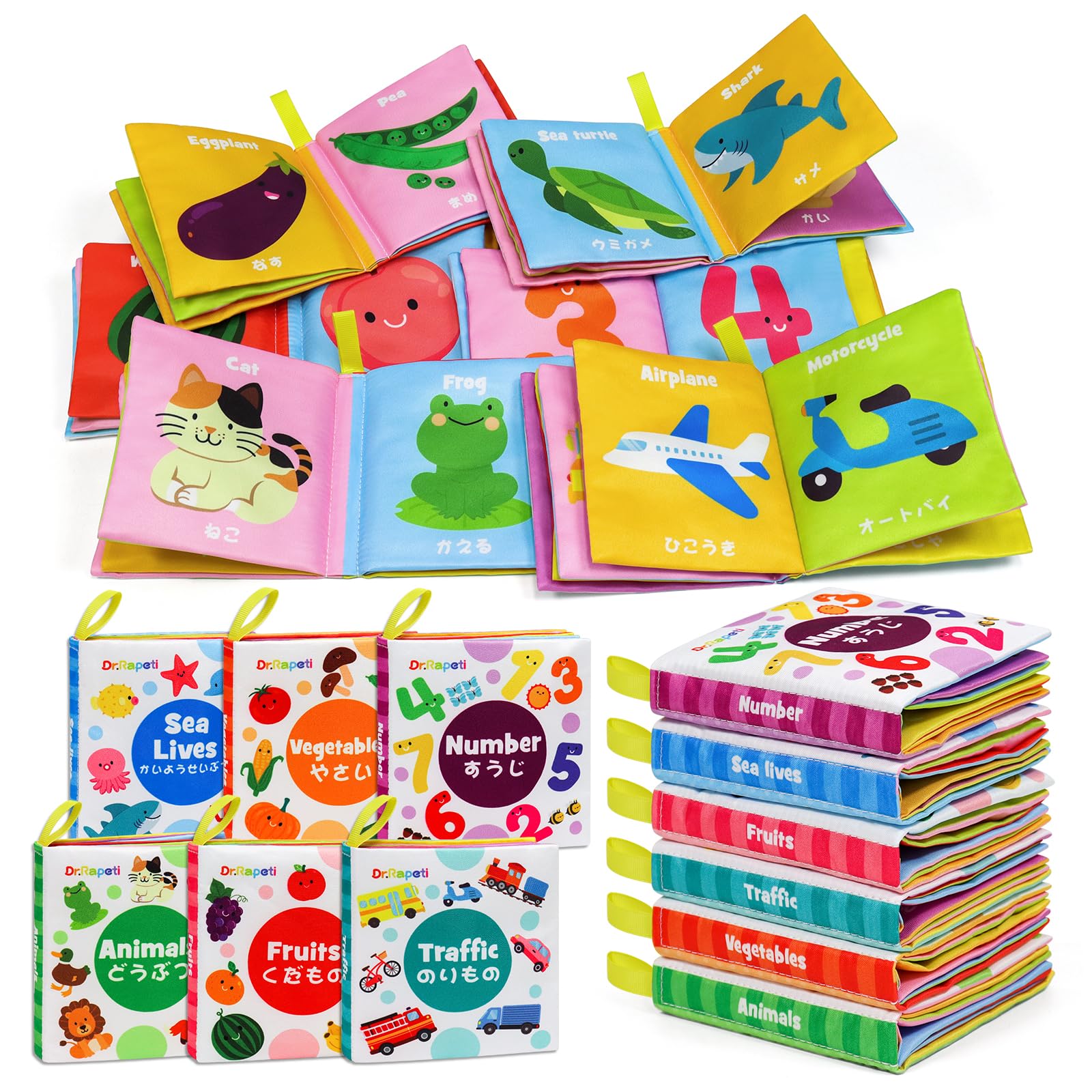 Dr.Rapeti Cloth Picture Book, Cloth Toy, Japanese and English, Bilingual, Set of 6, Crinkle Sound, Whistle, Soft, Washable, Safe for Bath, For Children | 布玩具 出産祝い 布絵本 認知発達を促進する 赤ちゃんおもちゃ ベービー用ブック 知育おもちゃ カシャカシャ音出る 鳴る笛 柔らかい 洗える お風呂に入れる 育児サポート プレゼント ベビー 赤ちゃん 幼児向け