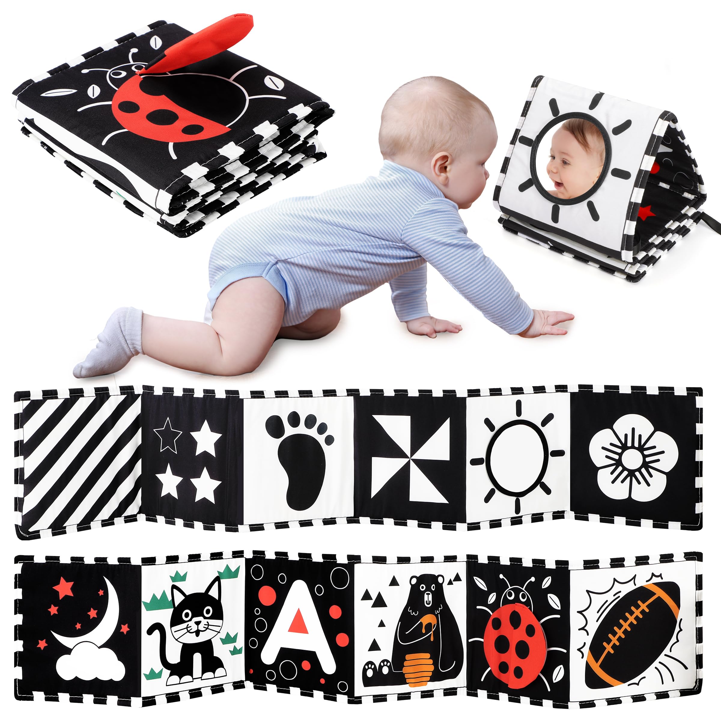 Cloth Picture Book, Cloth Toy, Black and White Baby Book 【Visual Stimulation・Perception and Brain Development】 Colorful Cloth Picture Book, Newborn, Baby, 0〜6〜12 Months, For Prone Play, With Mirror