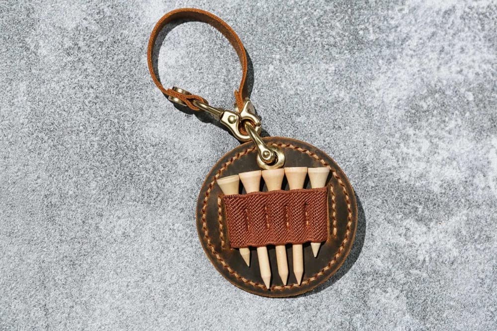 Handmade Leather Small Golf Tee Holder, Golf Bag Tag, Logo or Name, Holds 5 Tees, Genuine Leather, Golf Equipment, Golf Accessories, Portable, Golf Gift, Men's Gift, Brown X10-LGBT05S